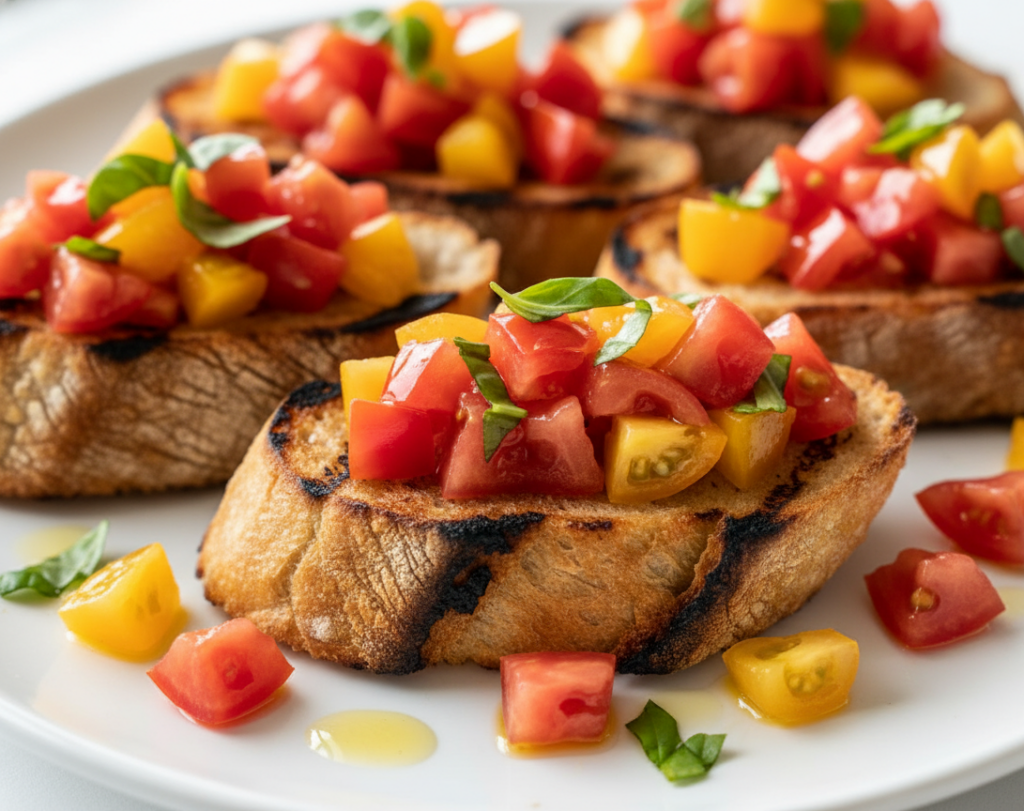 Close-up of three slices of grilled sourdough bread topped with diced red and yellow heirloom tomatoes and fresh basil on a white plate.