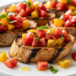 Close-up of three slices of grilled sourdough bread topped with diced red and yellow heirloom tomatoes and fresh basil on a white plate.
