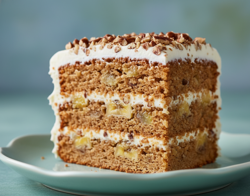 Close-up of a generous slice of moist hummingbird cake with cream cheese frosting and chopped pecans on a light blue-green plate.