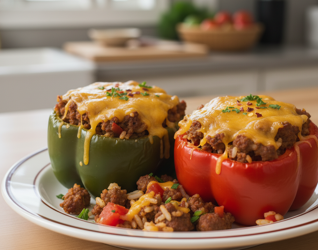 Baked green and red stuffed bell peppers with melted cheese on a plate