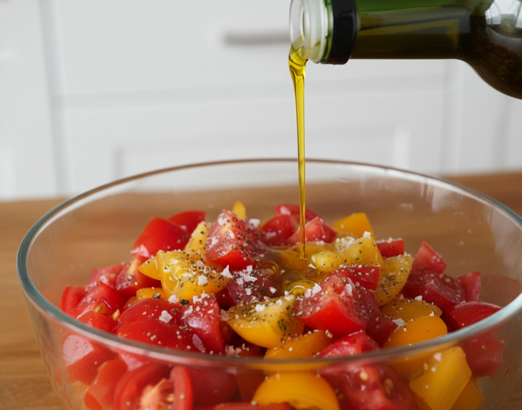 Extra virgin olive oil being poured from a bottle into a clear glass bowl containing chopped red and yellow tomatoes seasoned with salt and pepper.