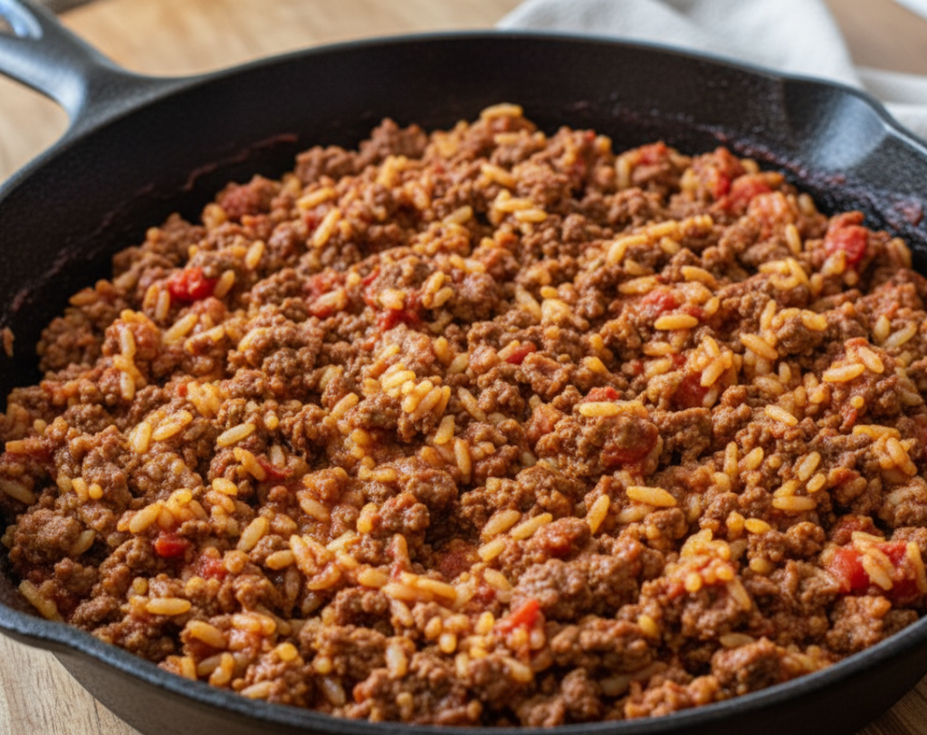 Beef and rice filling in a cast iron skillet