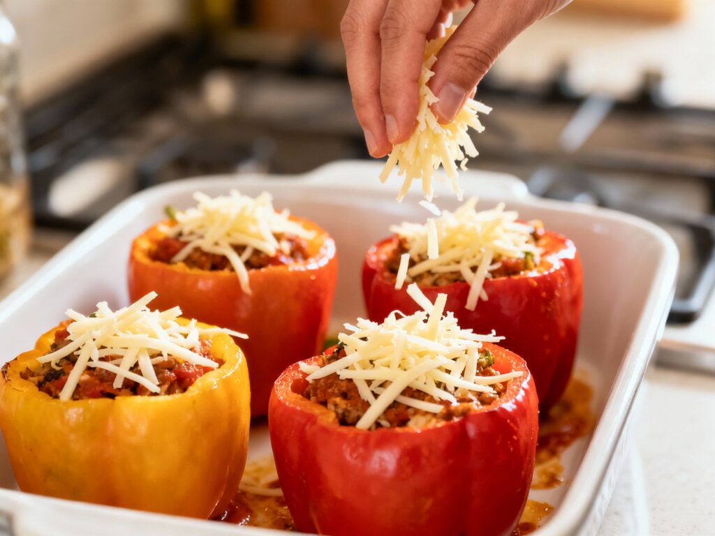 Hand sprinkling cheese on stuffed bell peppers in baking dish