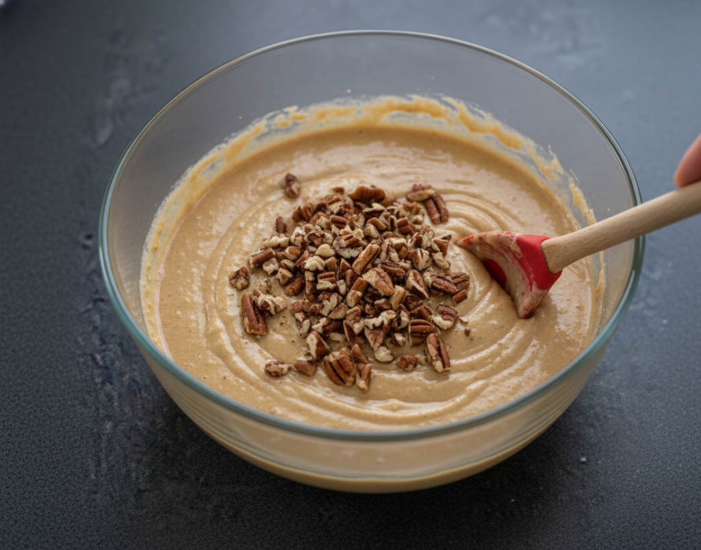 Overhead view of a hand folding toasted pecans into thick, light brown cake batter in a clear glass bowl with a spatula.