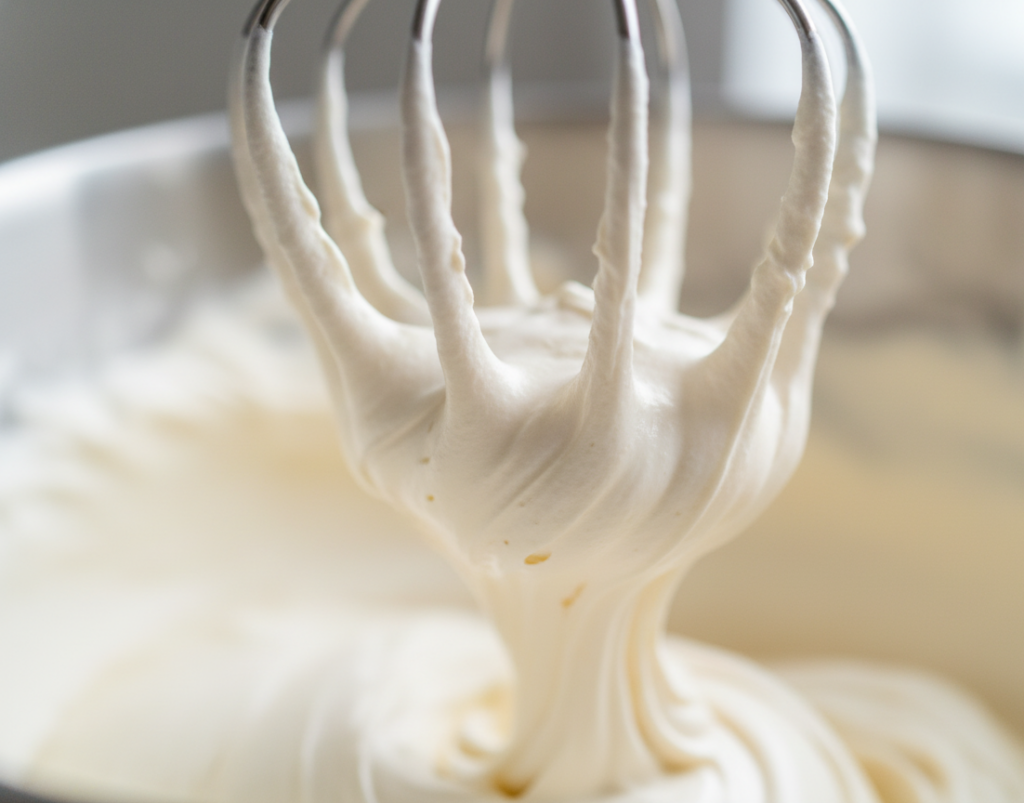 Close-up of fluffy white cream cheese frosting clinging to a mixer whisk attachment, with more frosting blurred in a bowl.