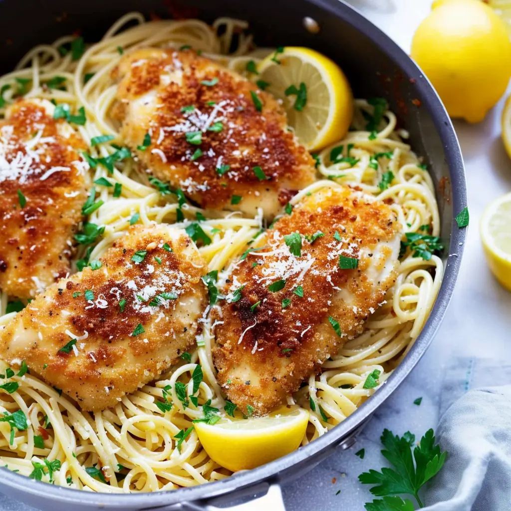 Crispy Parmesan Chicken over Creamy Lemon Garlic Pasta - Recipes, Tasks
