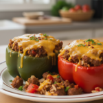 Baked green and red stuffed bell peppers with melted cheese on a plate