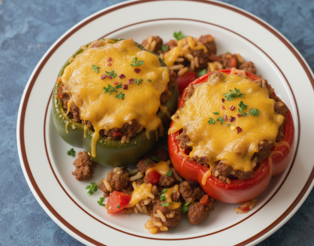 Overhead view of red and green stuffed peppers with melted cheese