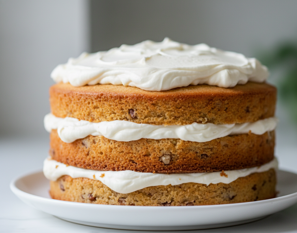 Close-up of a partially frosted three-layer hummingbird cake with white cream cheese frosting between layers.