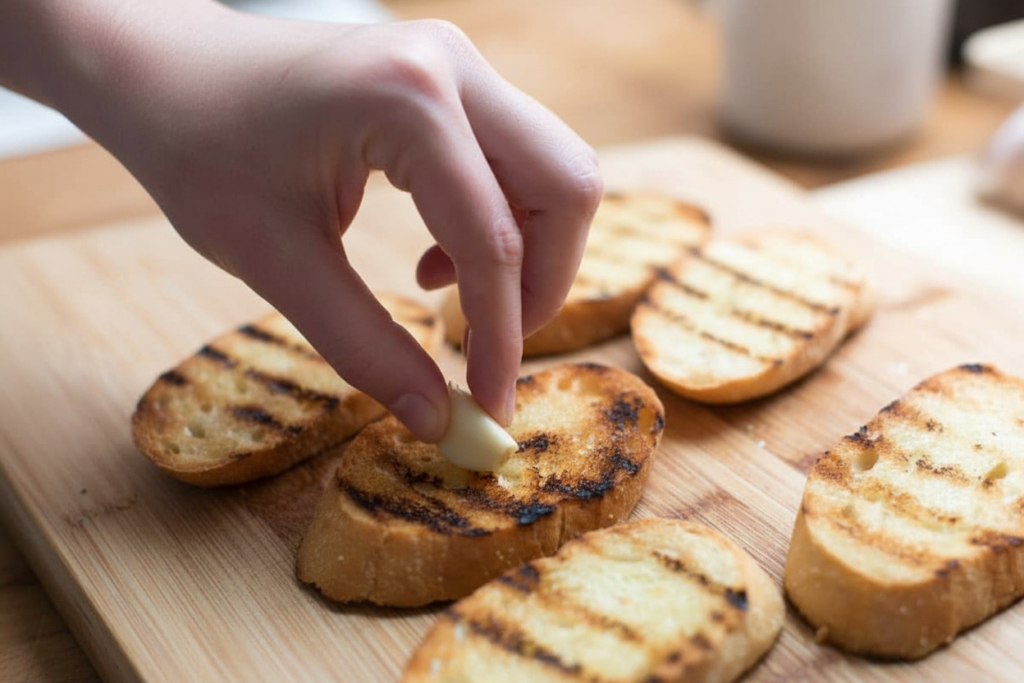 A chef's hand rubbing a raw garlic clove over the textured surface of a grilled baguette slice on a wooden cutting board.