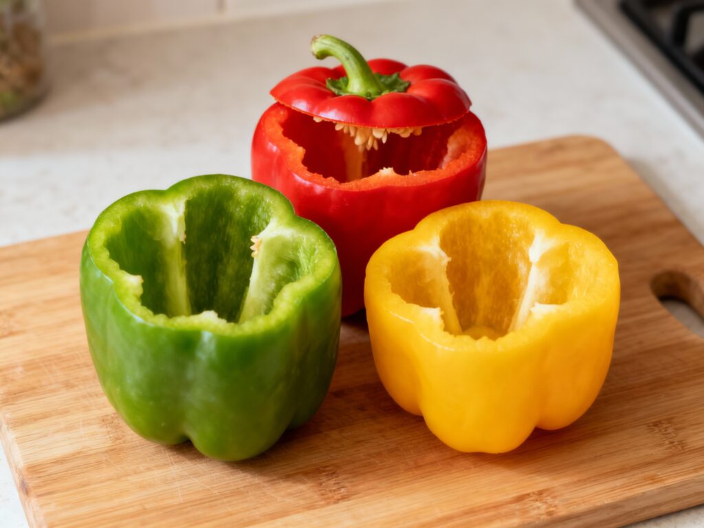 Prepared bell peppers, hollowed and deseeded, on a cutting board
