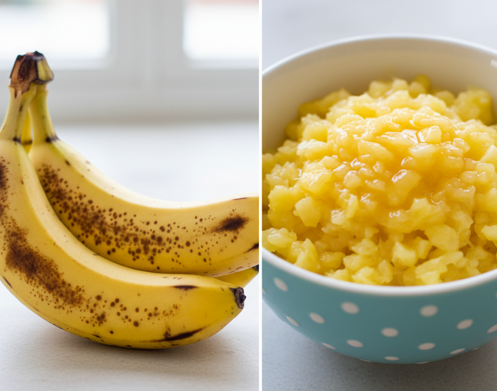 Split image showing ripe brown-spotted bananas on the left and a bowl of undrained crushed pineapple on the right.