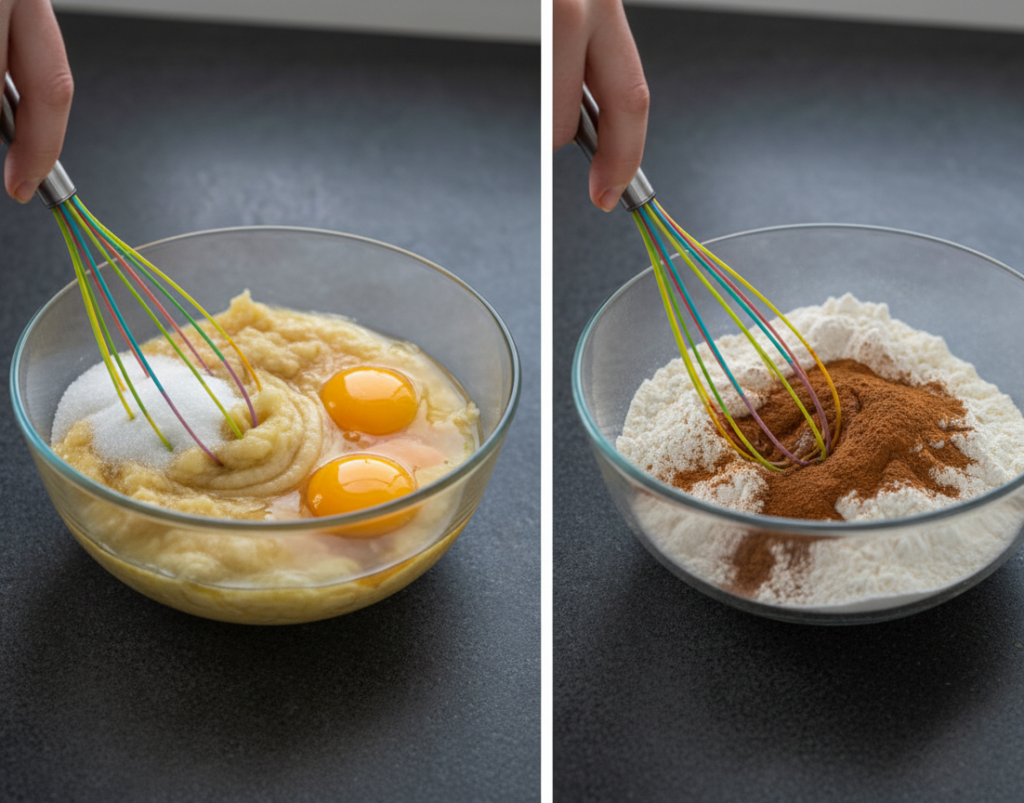 Split image showing wet ingredients (bananas, eggs, sugar, oil) being whisked, and dry ingredients (flour, spices) being whisked.