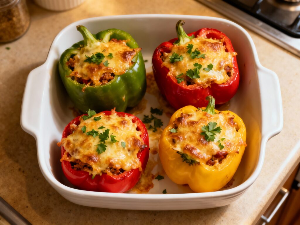 Baked stuffed bell peppers with melted cheese in a white dish