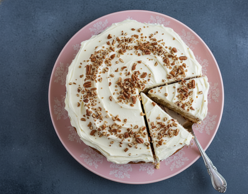 Overhead shot of a frosted hummingbird cake with a slice cut out, garnished with pecans, on a pink floral plate with a cake server.