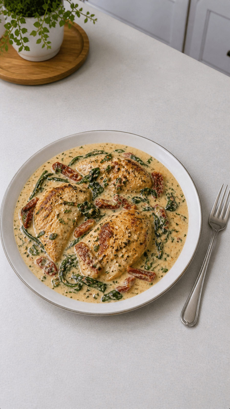 Creamy Tuscan Chicken plated - keyword