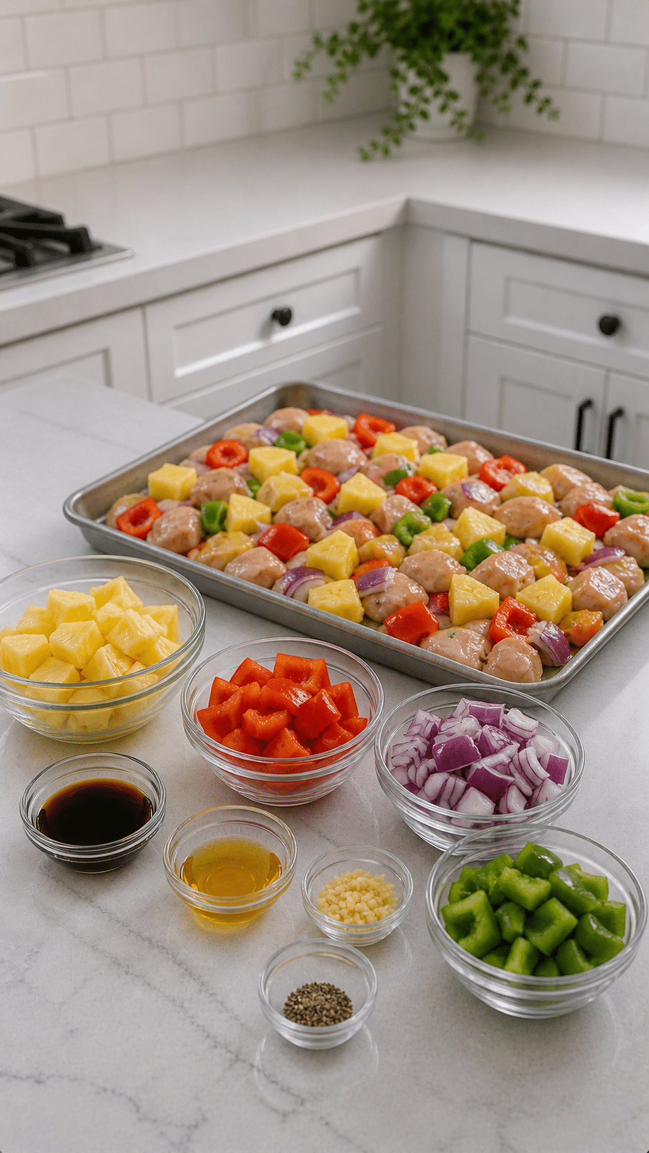 Amateur kitchen scene for Hawaiian Chicken Sheet Pan