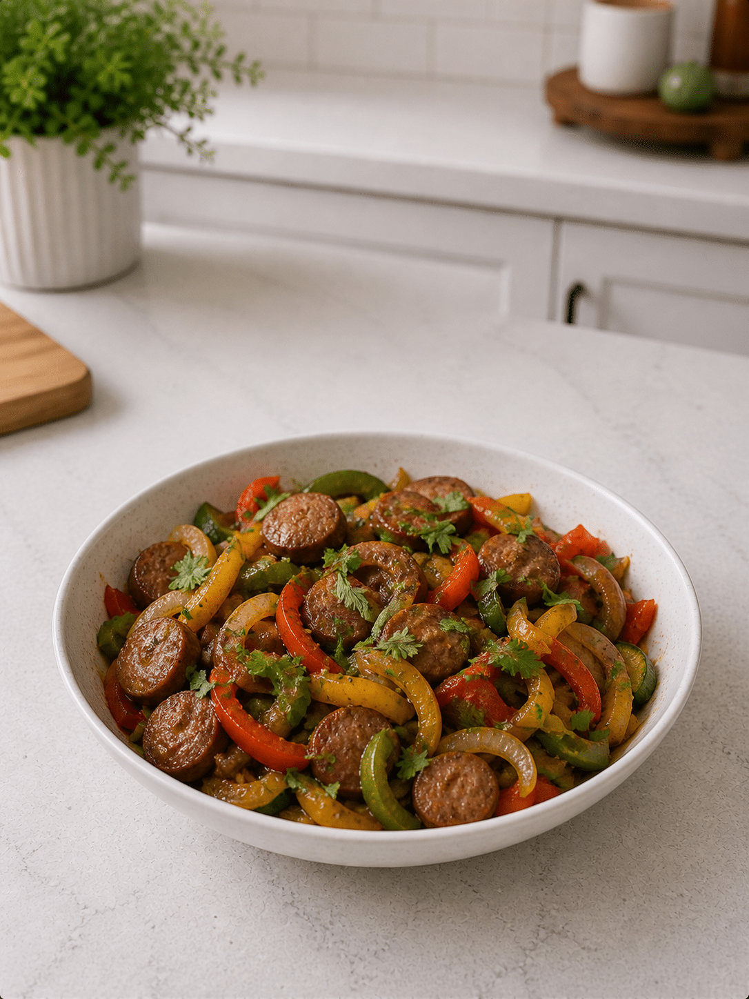 Sausage and veggies skillet on white bowl