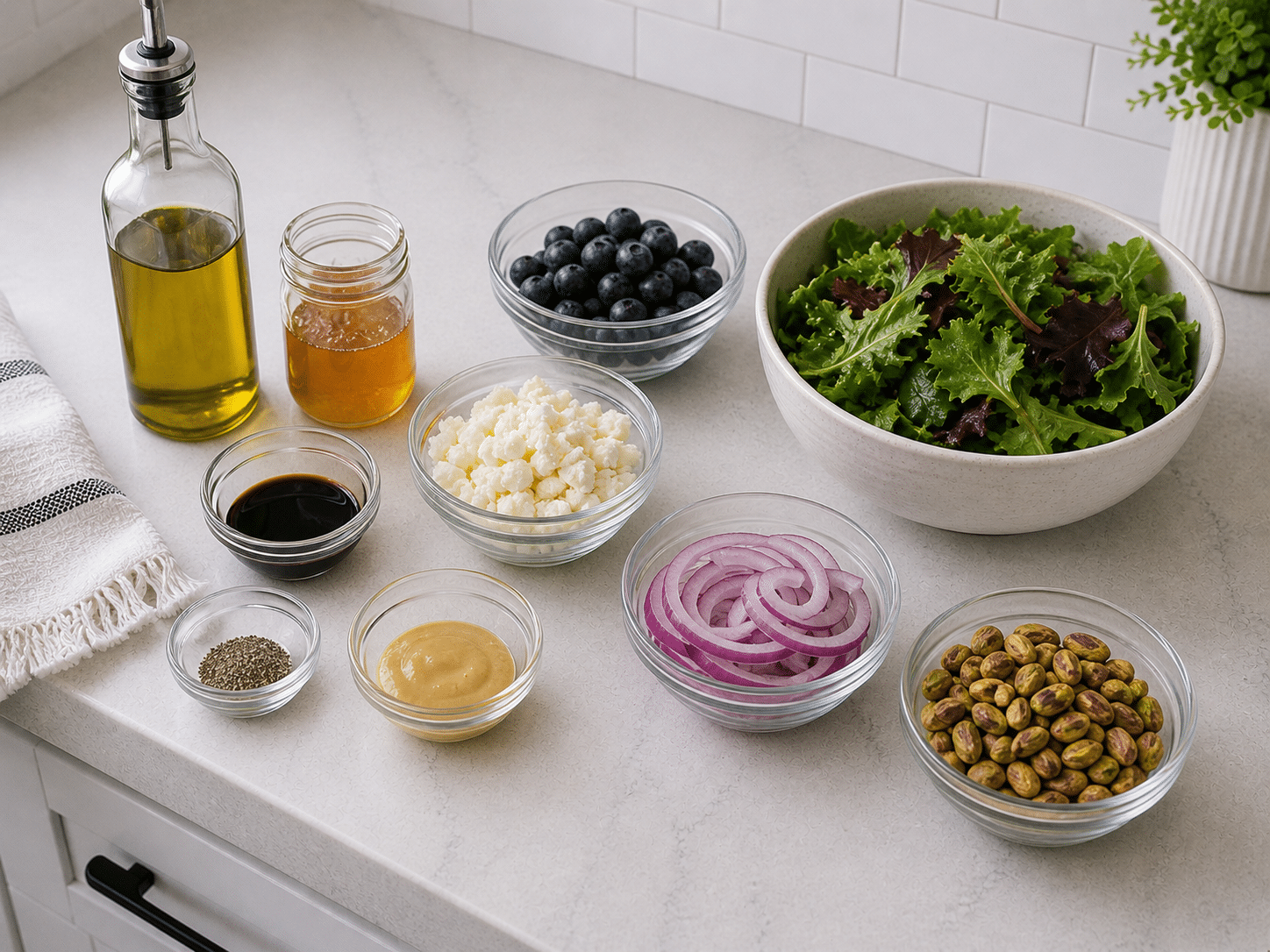 Green ingredients ready - Blueberry Pistachio Spring Salad