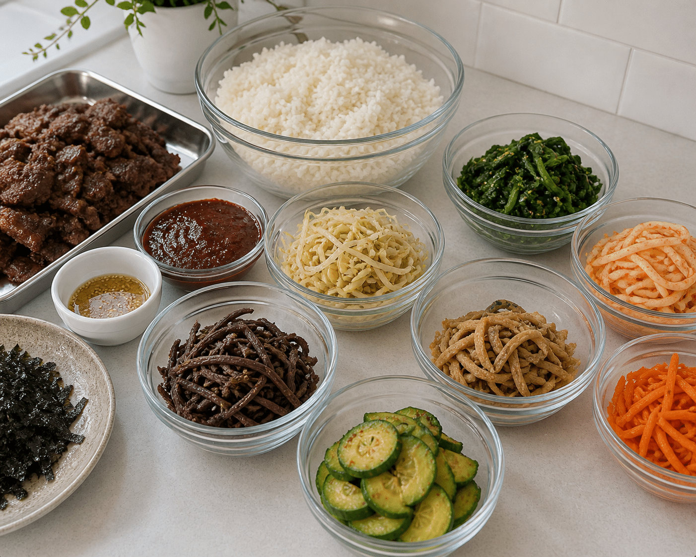 Bibimbap components in bowls - keyword