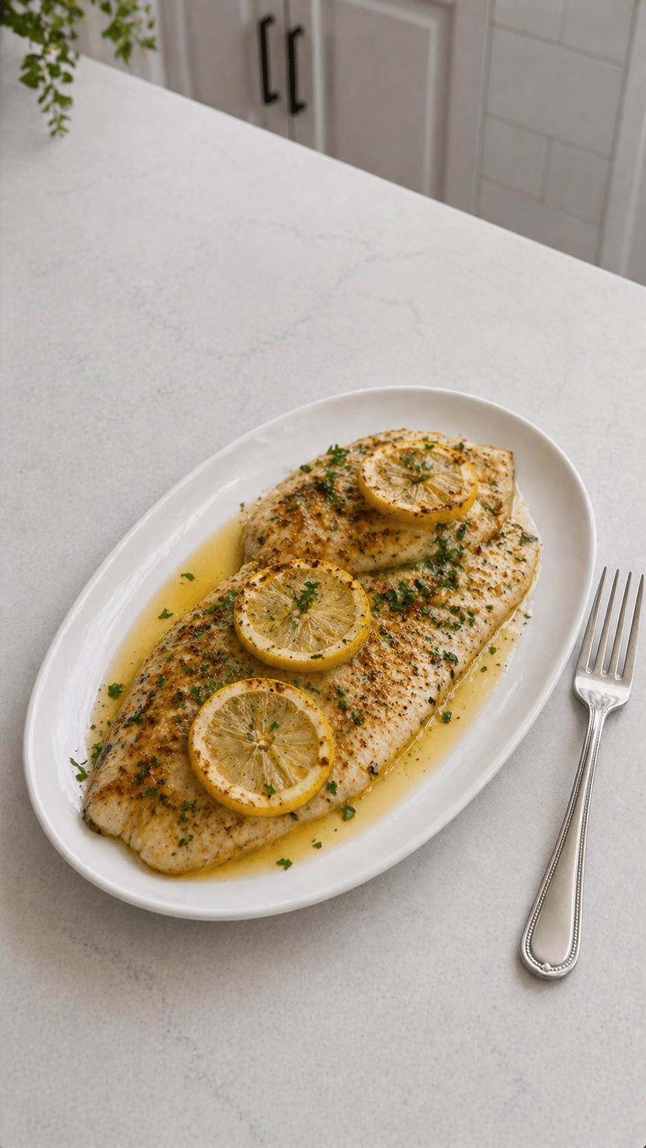 Baked Tilapia plated with lemon