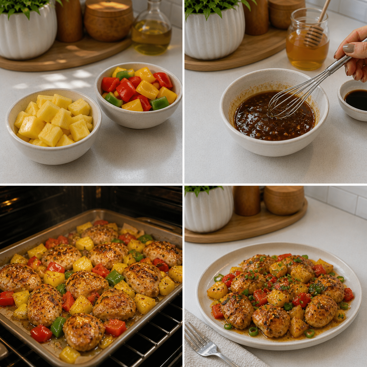 Chopped pineapple and peppers near edge