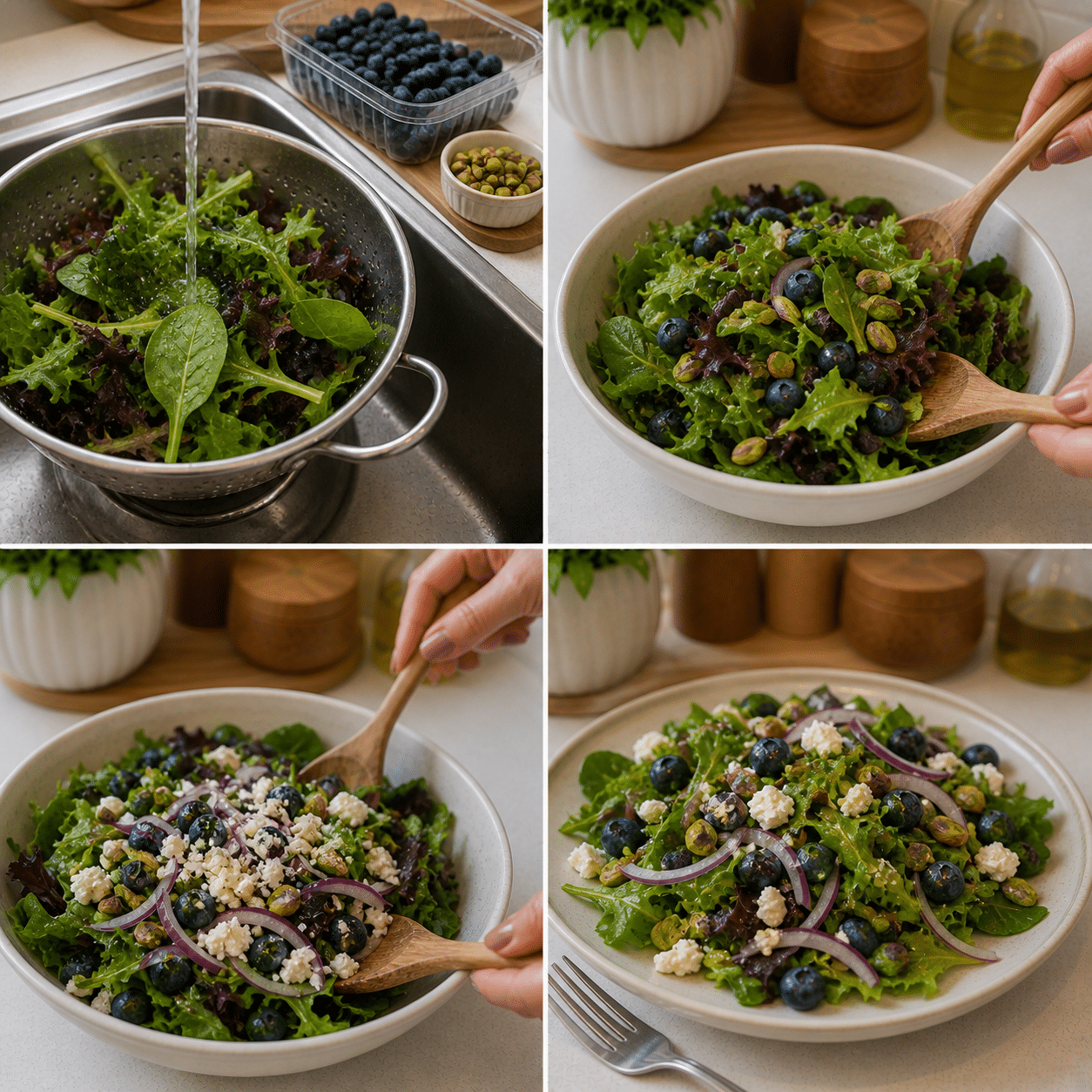 Toss greens with blueberries and pistachios