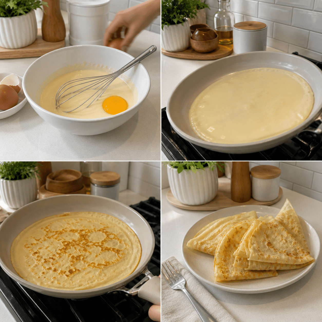Batter in bowl to pan for crepes