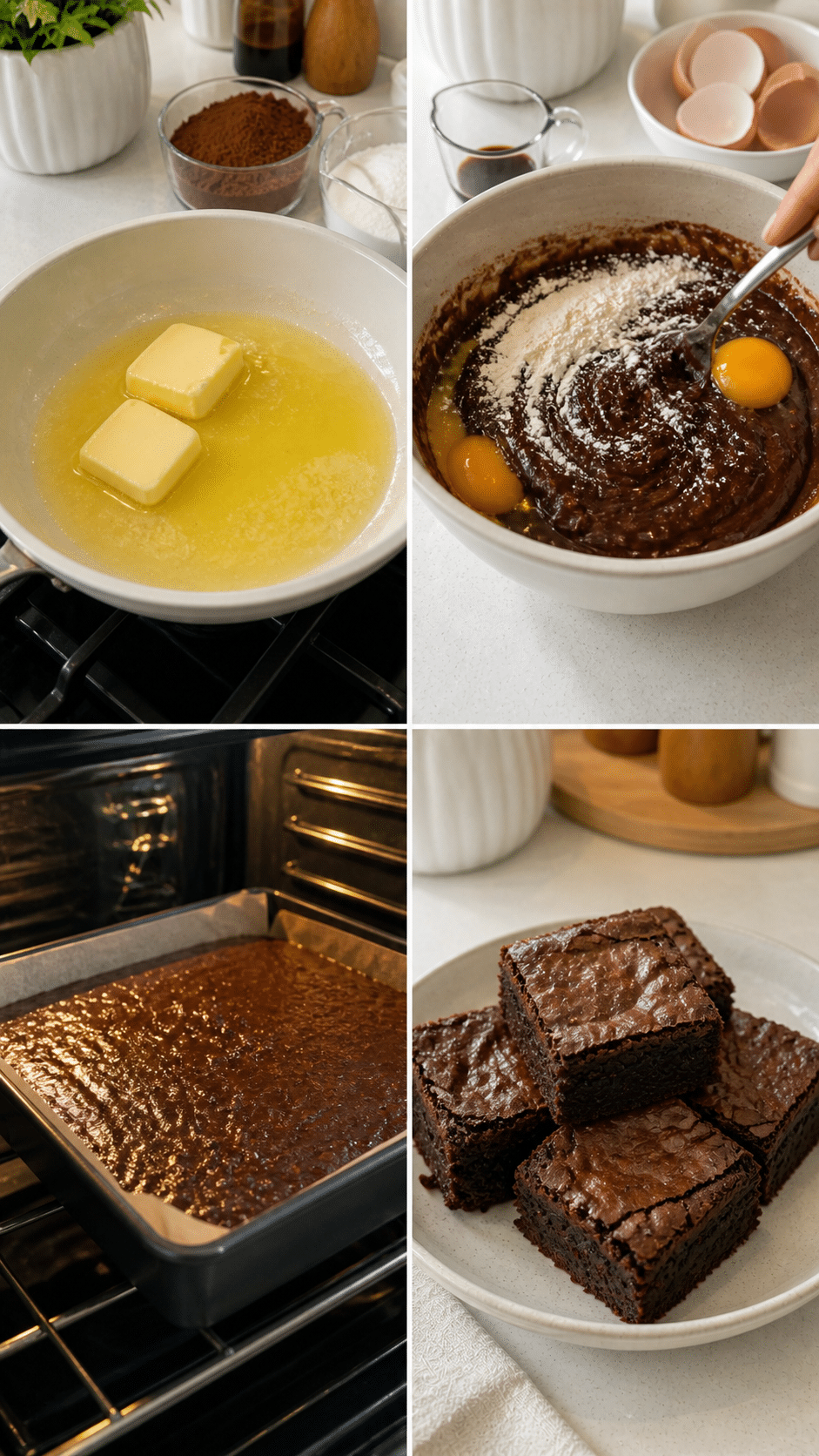 Butter melts, cocoa, sugar on counter