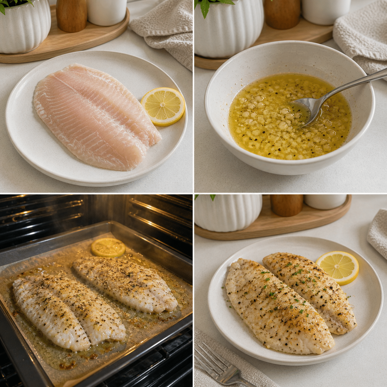 Tilapia with lemon, butter, baking scene