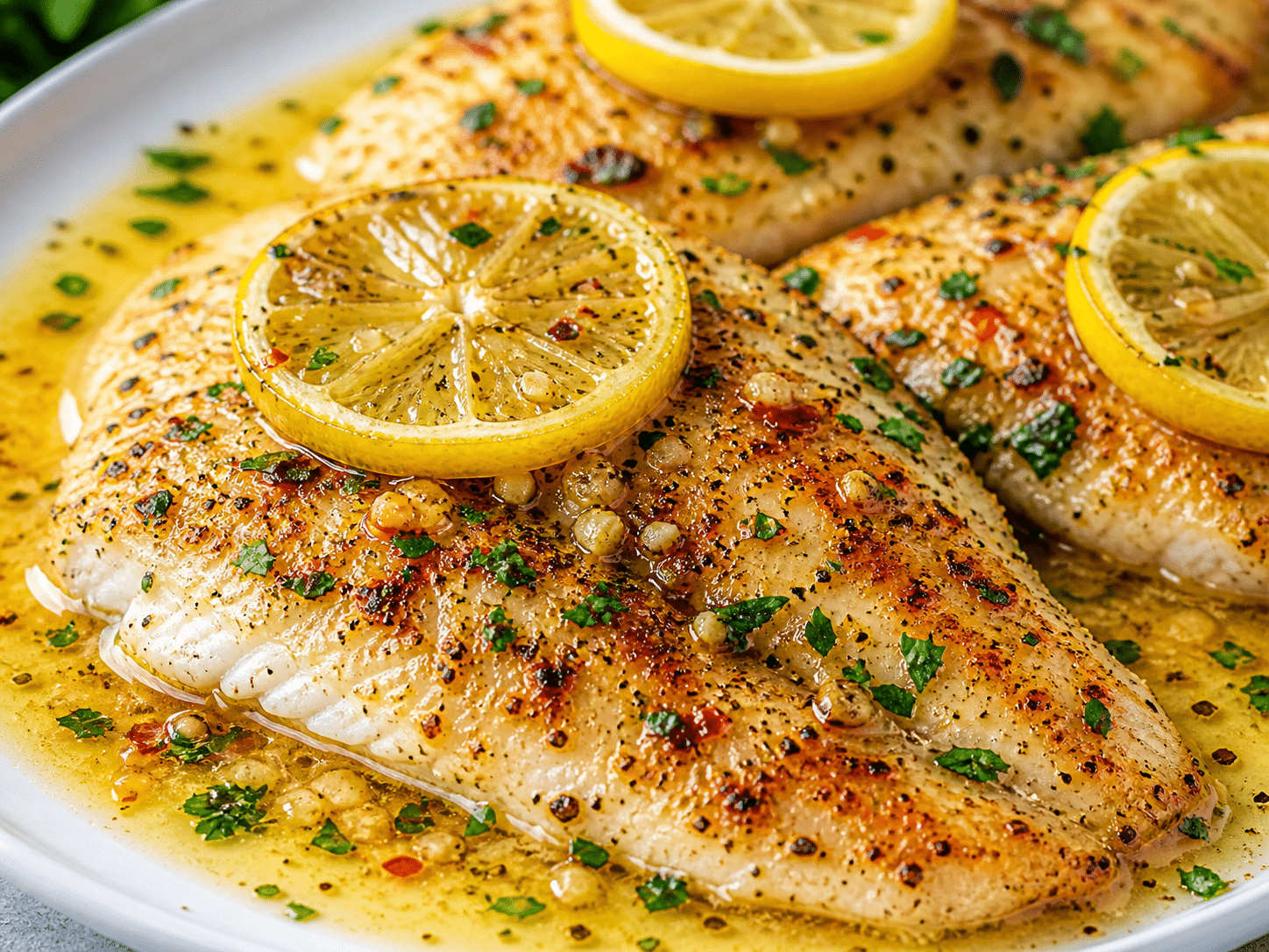 Baked Tilapia in home kitchen with garlic lemon butter