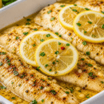 Baked Tilapia on white countertop with lemon