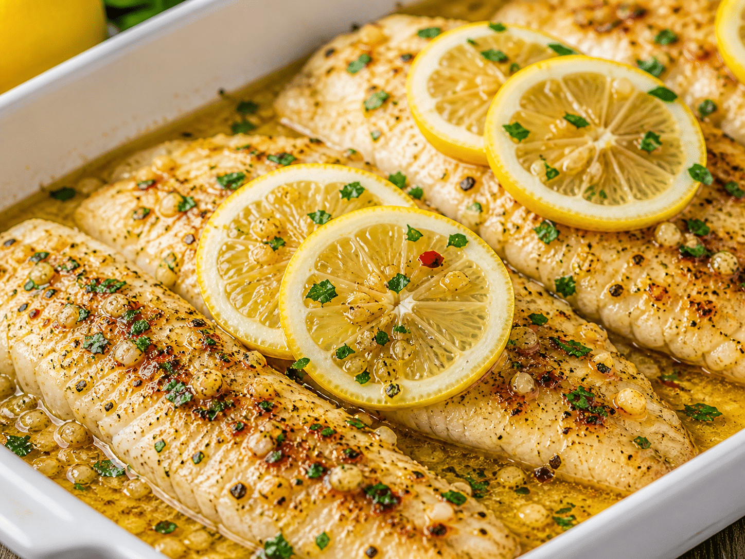 Baked Tilapia on white countertop with lemon