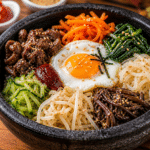 Bibimbap (Mixed rice with vegetables) plated on counter