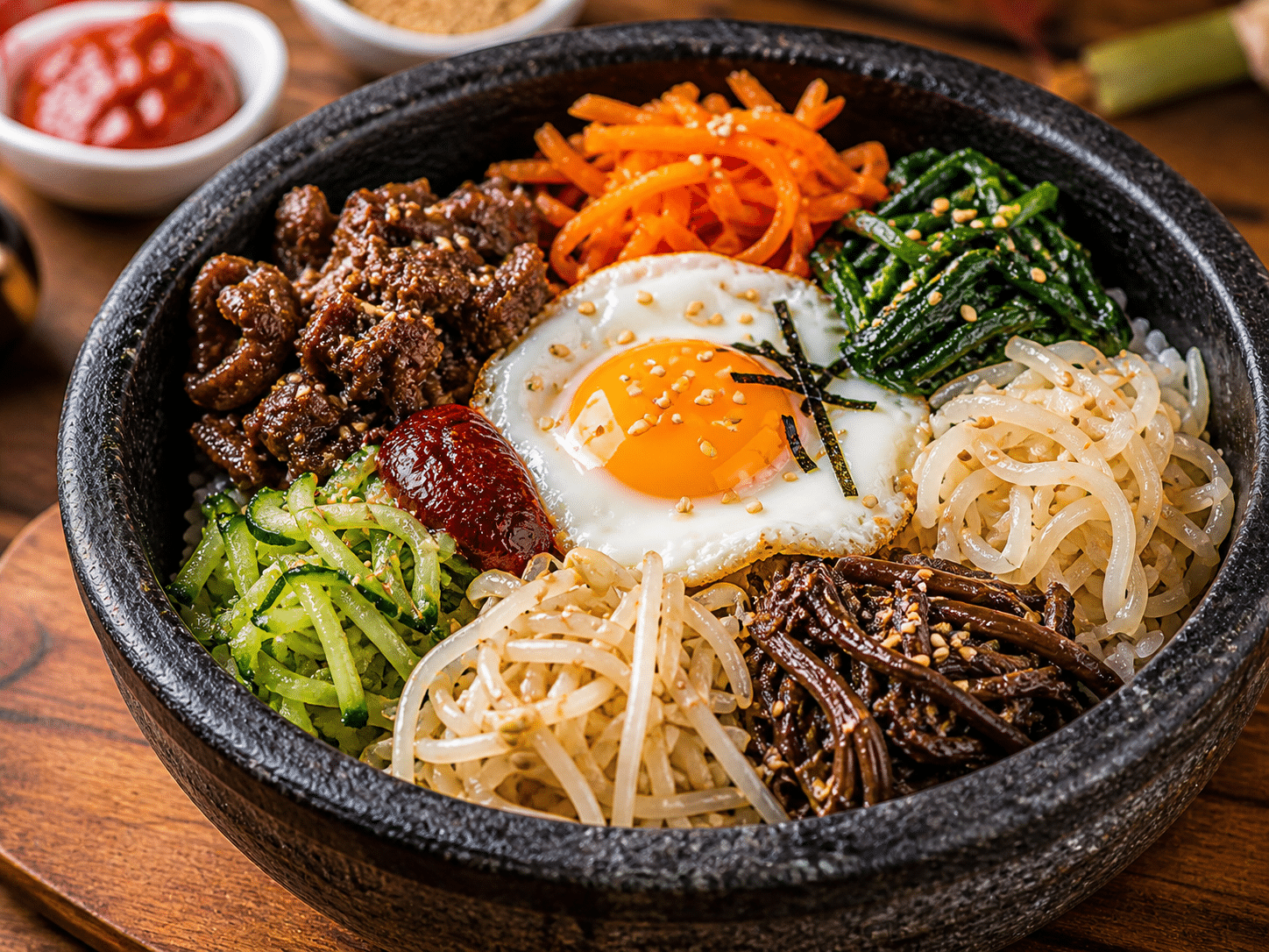 Bibimbap (Mixed rice with vegetables) plated on counter