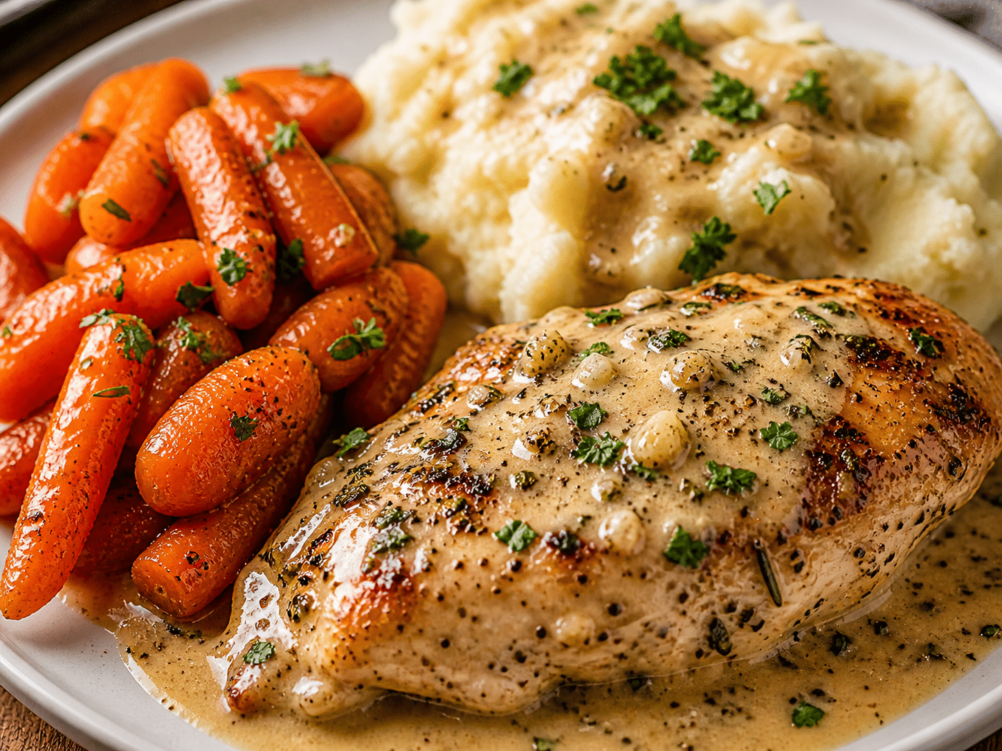 Creamy Herb Chicken with Mashed Potatoes and Glazed Carrots