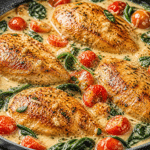 Creamy Tuscan Chicken on white countertop