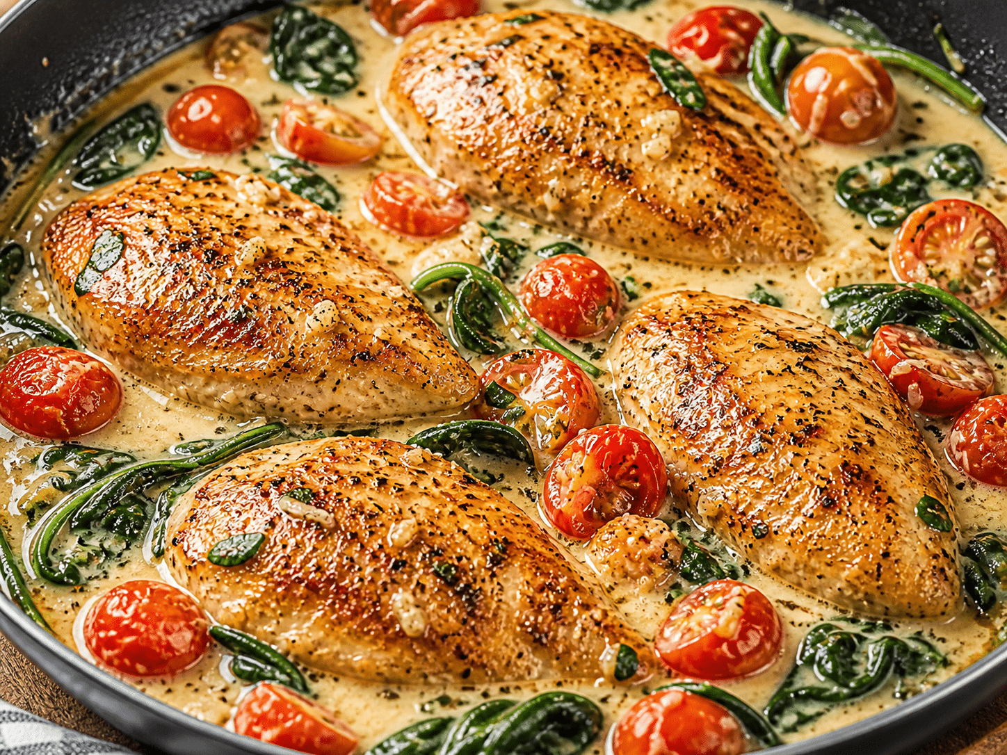 Creamy Tuscan Chicken on white countertop