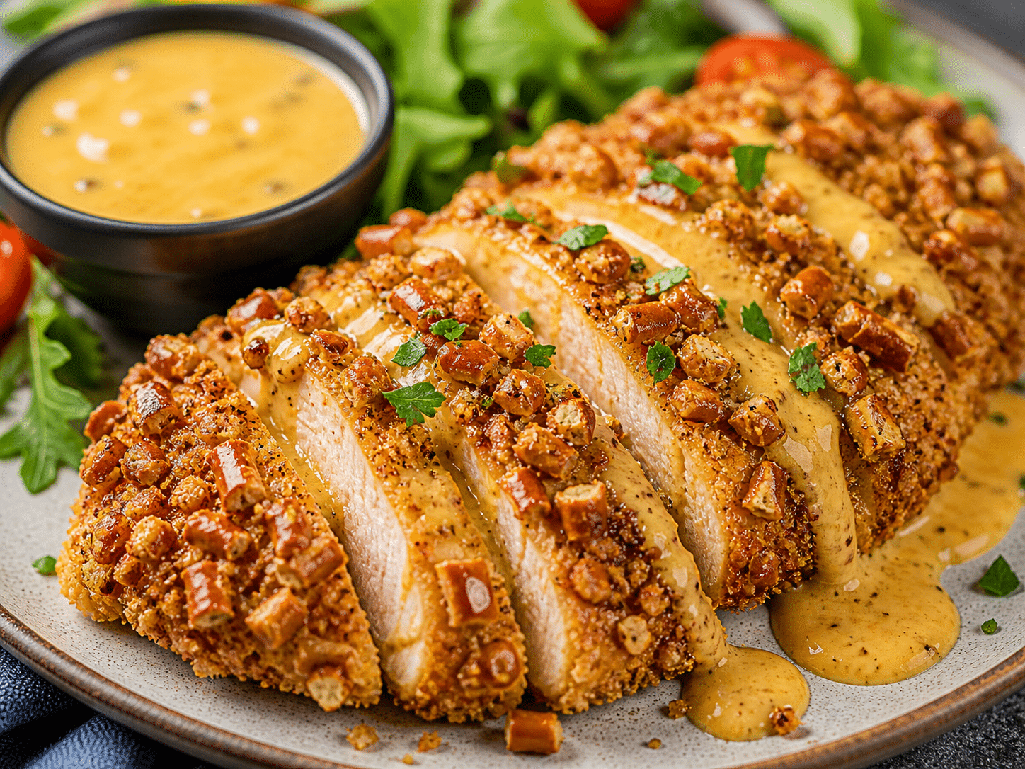 Pretzel Chicken with Mustard-Cheddar Sauce